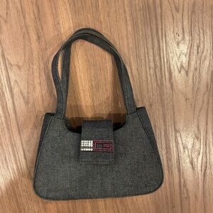 Guess Dark Denim Shoulder Bag with Crystal and Red Logo Accent